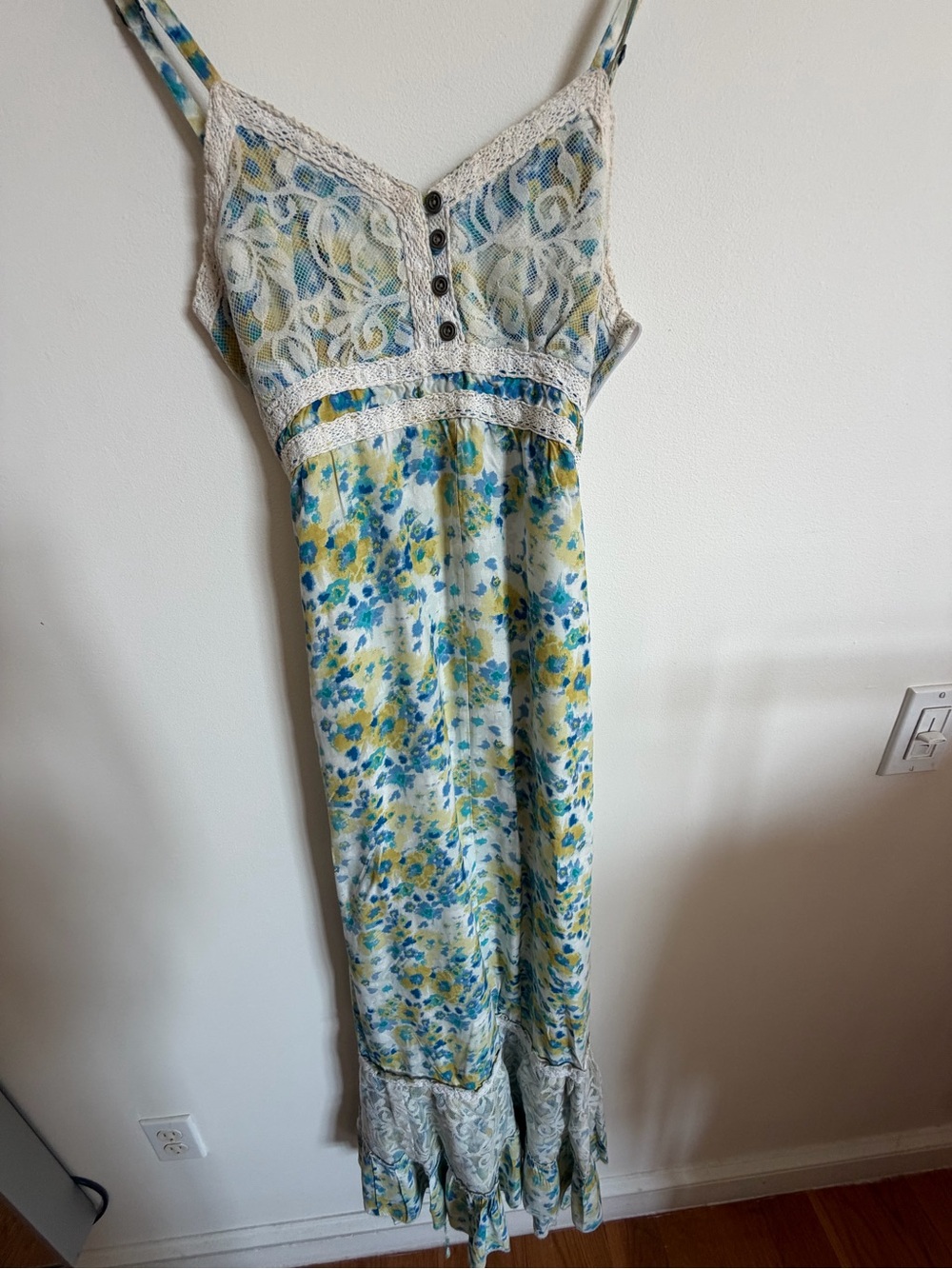 Floral Lace Trim Maxi Dress in Blue and Yellow size XS made in Israel